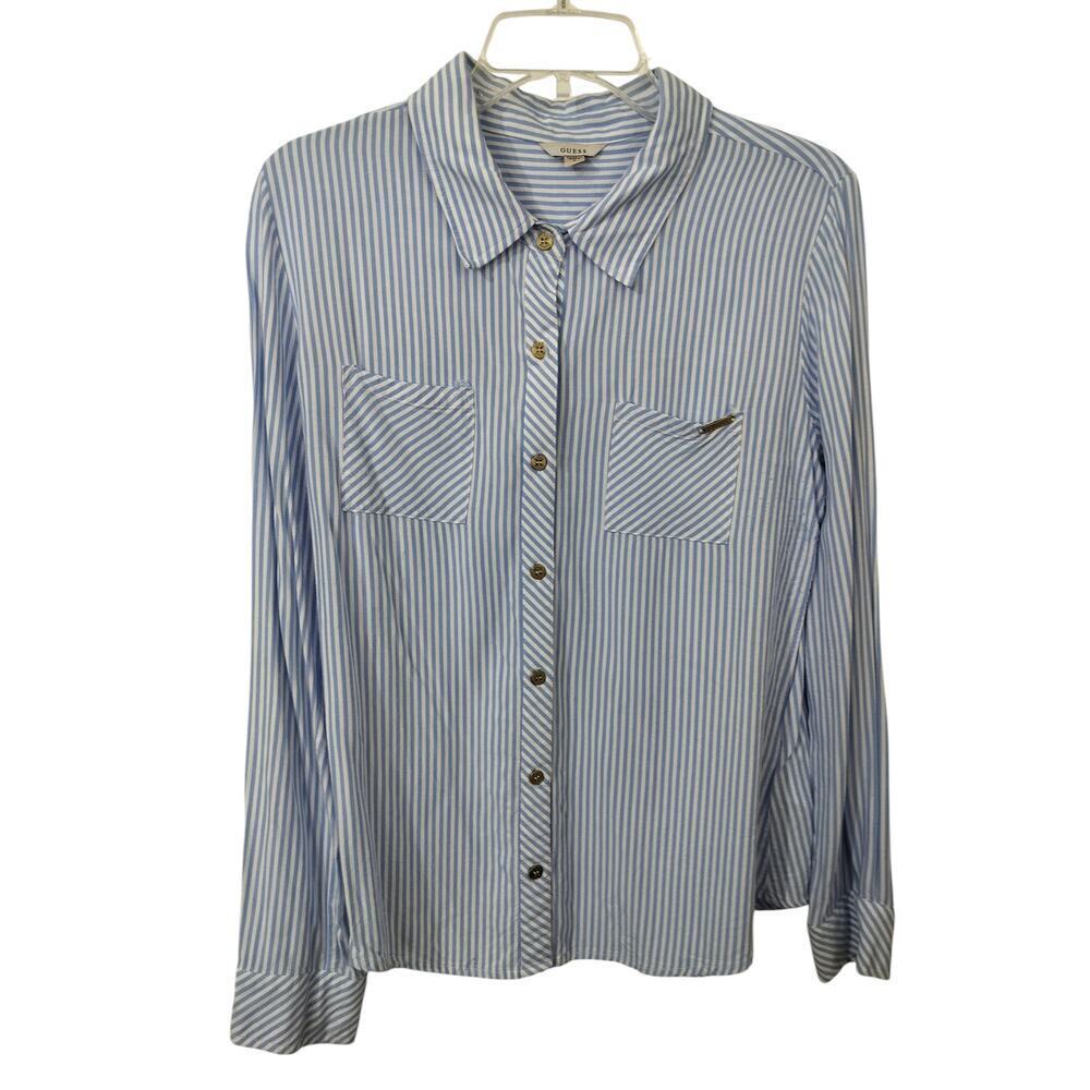 3231) Guess Blue White Stripe long Sleeve Button Down Gold Button Rayon Shirt L